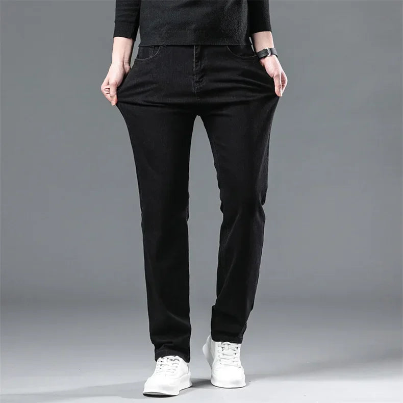 Winter Men Black Straight Stretch Denim Thick Velvet Pants Warm Jeans Casual Fleece Line Trousers Male Plus Size