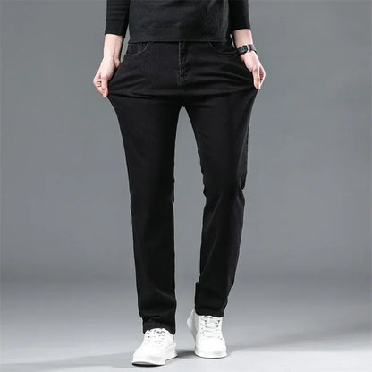 Winter Men Black Straight Stretch Denim Thick Velvet Pants Warm Jeans Casual Fleece Line Trousers Male Plus Size