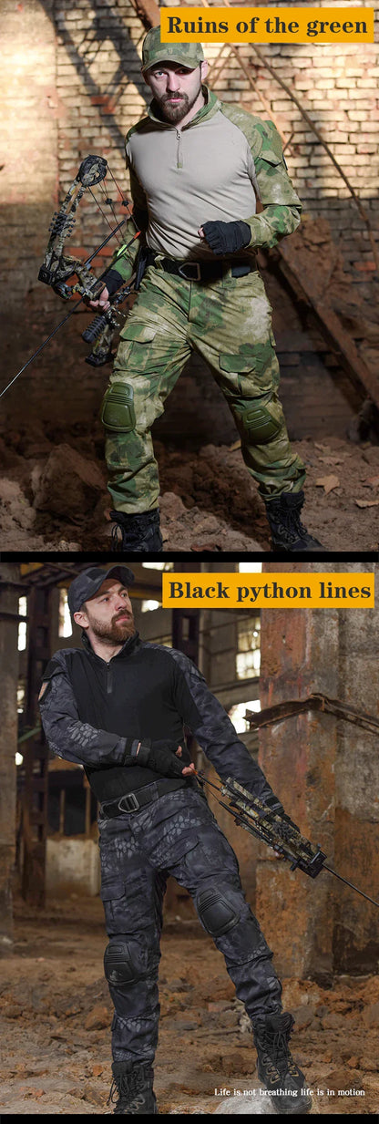 Outdoor Tactical Uniform Military Camo Hiking Training Shirts Workwear Cargo Pants+Pads Airsoft Paintball Hunting Clothes Sets