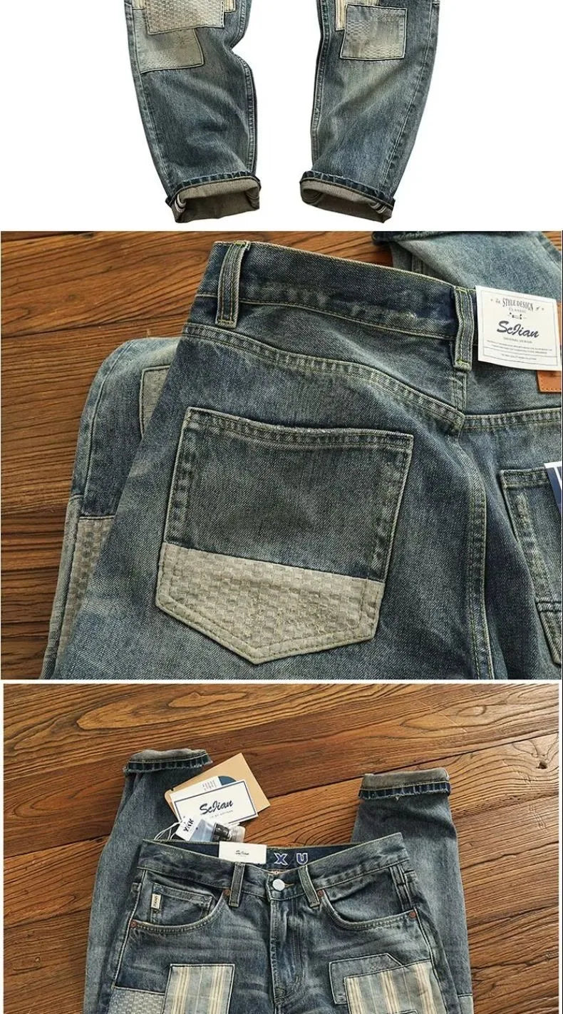 Autumn and Spring New Fashion Trend Printed Ripped Straight Leg Jeans Men's Casual Loose Vintage Sports High-grade Denim Pants