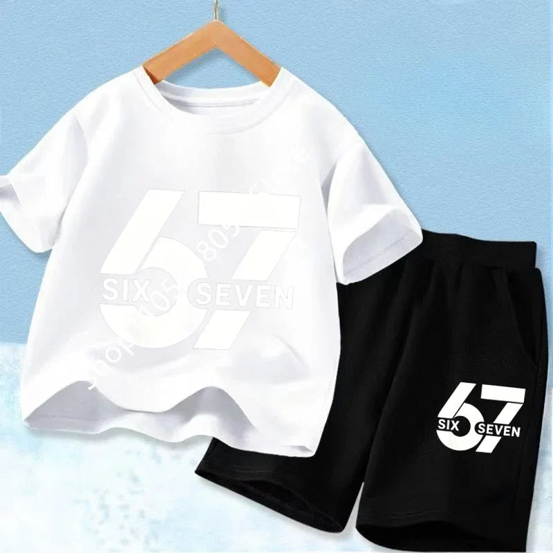 New 67 Number Six Seven Print Kids Cool Summer T-shirt 3-12Yrs Clothes Cartoon Short-sleeved+Shorts Boys Girls Sports Casual Set