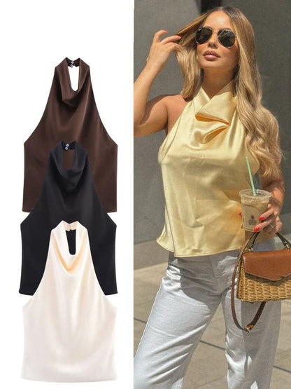 Elegant Women's Satin Backless Halter Vest Summer Solid Sleeveless Sexy High Street Waistcoat Female Slim Camisole Tops