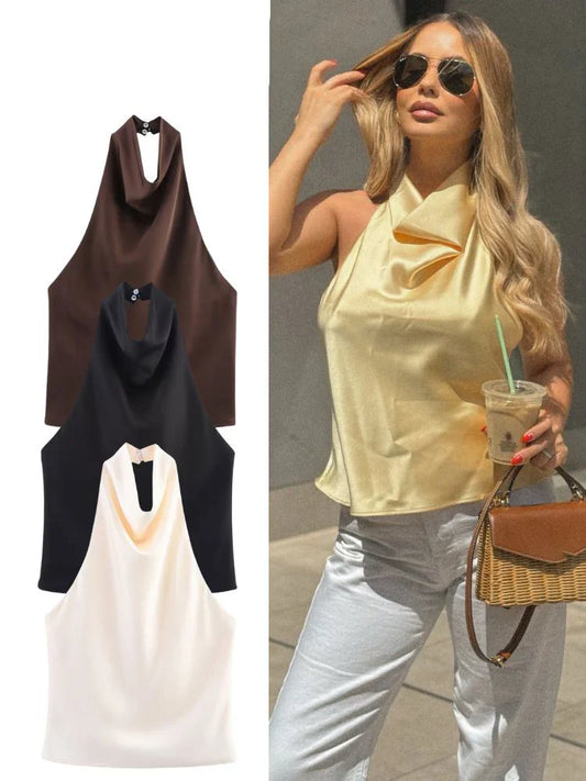 Elegant Women's Satin Backless Halter Vest Summer Solid Sleeveless Sexy High Street Waistcoat Female Slim Camisole Tops