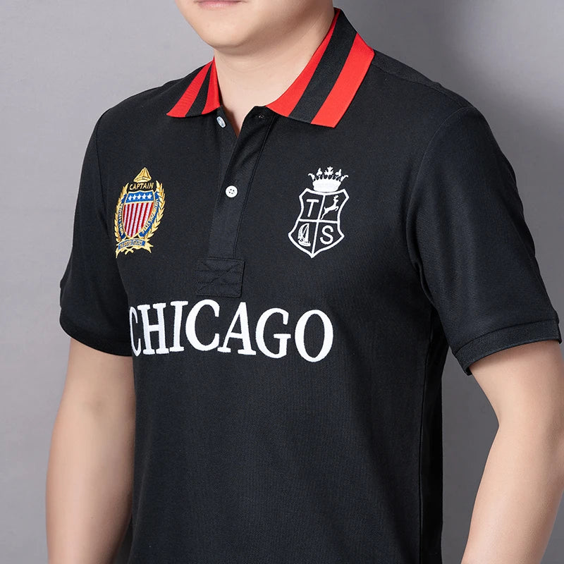 Men's polo shirt USA Chicago short sleeve Royal leisure sports party cotton embroidered with slit contrast color original
