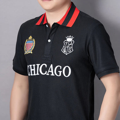 Men's polo shirt USA Chicago short sleeve Royal leisure sports party cotton embroidered with slit contrast color original