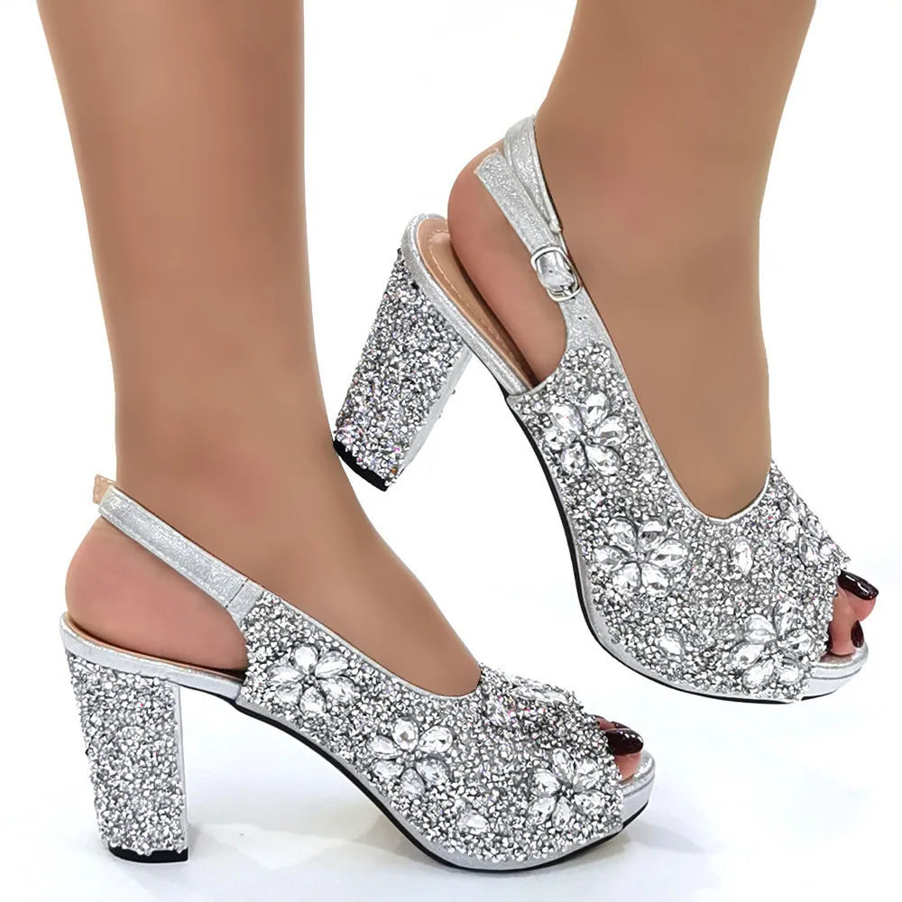 Nigerian Green Color Women's Party High Heel Shoes Full Diamond Design Fashion Summer Sandals Wedding Ladies Shoes