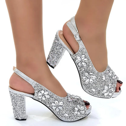 Nigerian Green Color Women's Party High Heel Shoes Full Diamond Design Fashion Summer Sandals Wedding Ladies Shoes