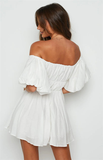 Women Casual Summer Dress Fashion Sexy Solid Color Elegant Short Puff Sleeve Off-shoulder Tunic Dress Brown/White
