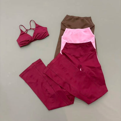 2Pcs Sports Set Women Seamless Front Tie Crossover Bra Crossover Waist Flare Leggings Sets Gym Fitness Workout Sports Sets