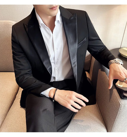 ( Jacket + Vest + Pants ) High-end Brand Boutique Fashion Men's Casual Business Black Smoking Suit Groom Wedding Dress Tuxedo