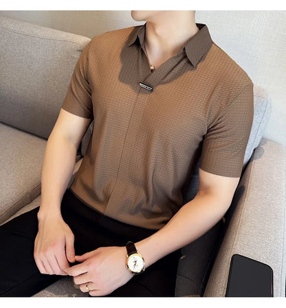 High-Grade Ice Silk Seamless Adhesive Polo Shirt, High-Elastic V-neck Thin Waffle Short-Sleeved Golf Shirt, T-shirt
