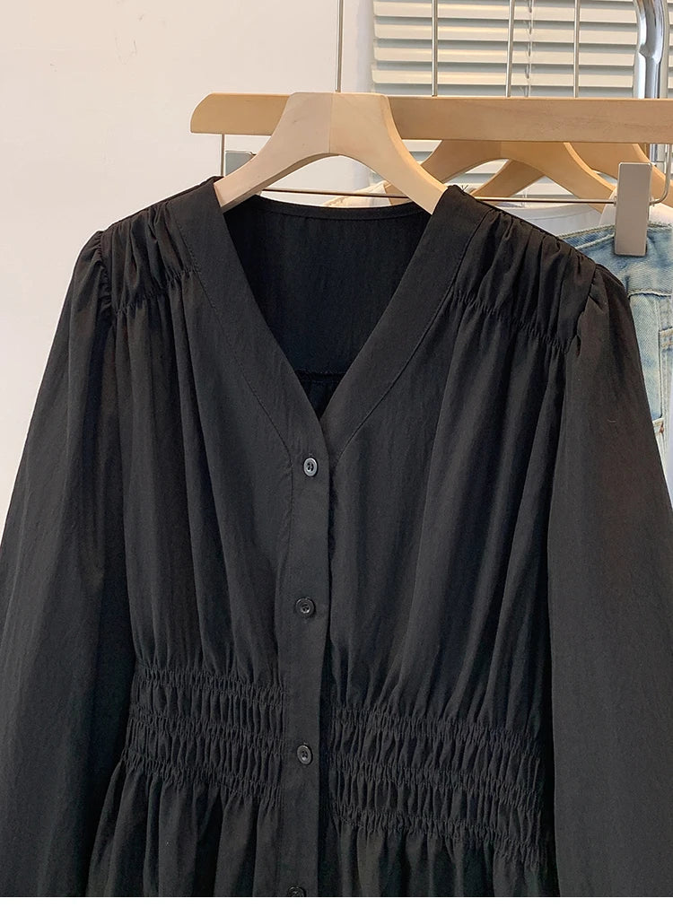 2026 V-neck Long Sleeved Plus Size Shirt Loose Pleated Ruffle Oversized Tops Ladies Chic Elegant Solid Versatile Blouse