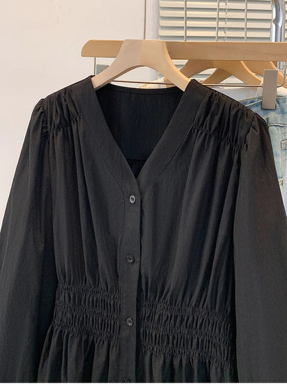 2026 V-neck Long Sleeved Plus Size Shirt Loose Pleated Ruffle Oversized Tops Ladies Chic Elegant Solid Versatile Blouse