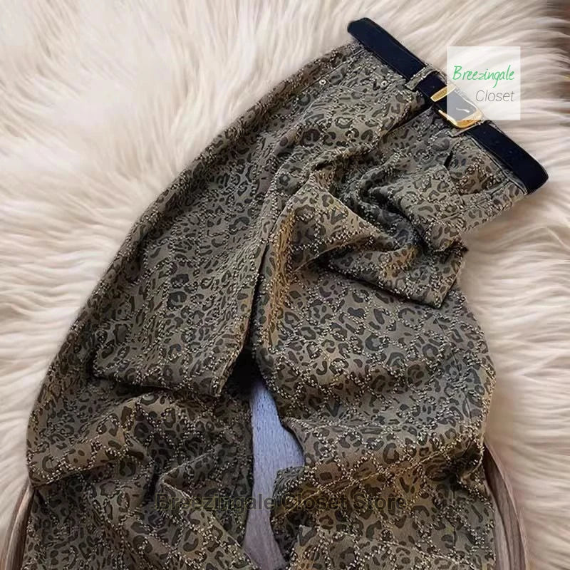 American high street leopard jeans women spring and summer new niche fashion design retro casual slim straight wide-leg pants.