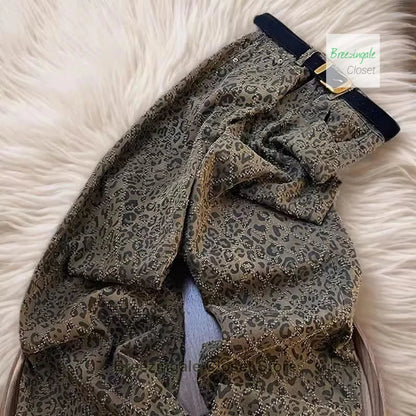 American high street leopard jeans women spring and summer new niche fashion design retro casual slim straight wide-leg pants.