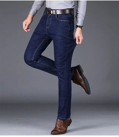 Autumn and Winter New Male Business Casual Stretch Trousers Concise Blue Denim Pants Men's Loose Straight Jeans Jeans for Man