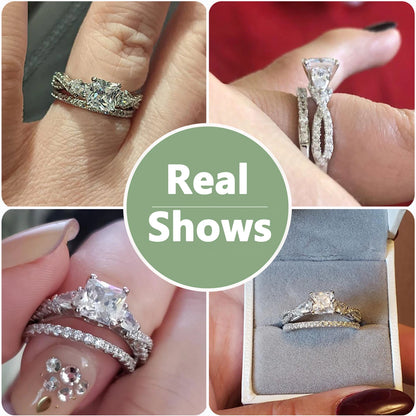 Conjunto de 2 Anéis de Casamento em Prata Esterlina 925 1,7 Ct com Zircônias Cúbicas AAAAA de Corte Princesa e Pera Anéis de Noivado para Mulheres Joias da Moda