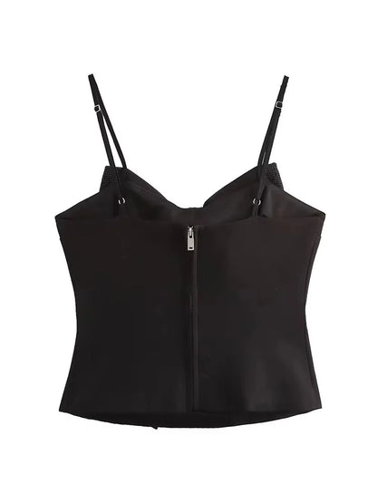 Sequined Bow Women Sling Top Sexy Backless Crop Top Pleated Zippers Female Tank Tops 2025 Spring Lady Streetwear Tops