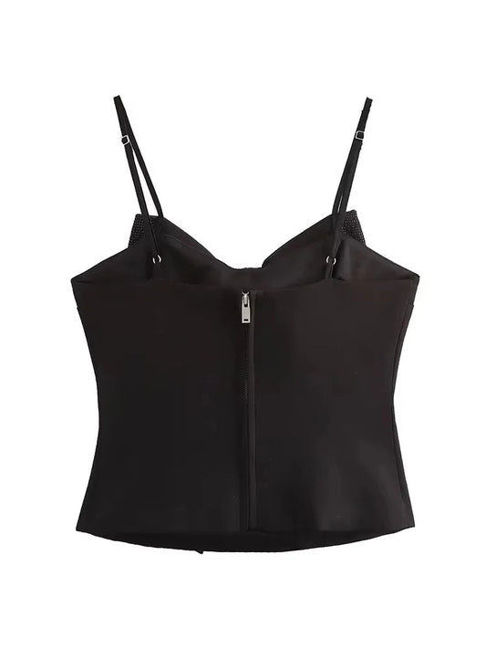 Sequined Bow Women Sling Top Sexy Backless Crop Top Pleated Zippers Female Tank Tops 2025 Spring Lady Streetwear Tops
