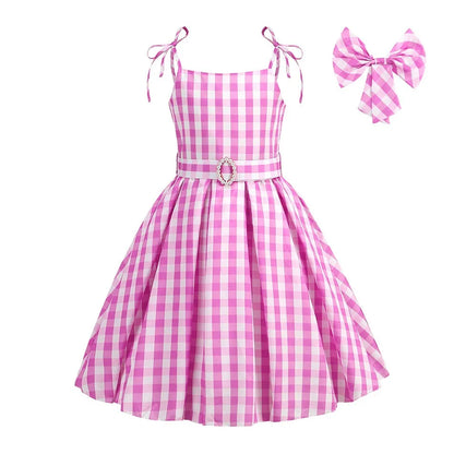 2025 Summer Beach Baby Girl Pink Cute Sleeveless Plaid Slim Strap Dress For Girl Cowboy Look Stripe Dress Set With Belt