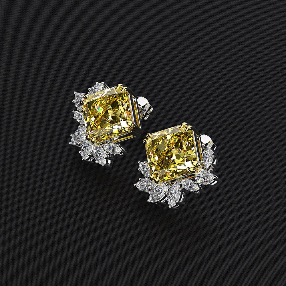 10x10mm 11 Carats Square Yellow 5A Zircon Flower Stud earrings for women S925 Sterling Silver Wedding party Bride jewelry