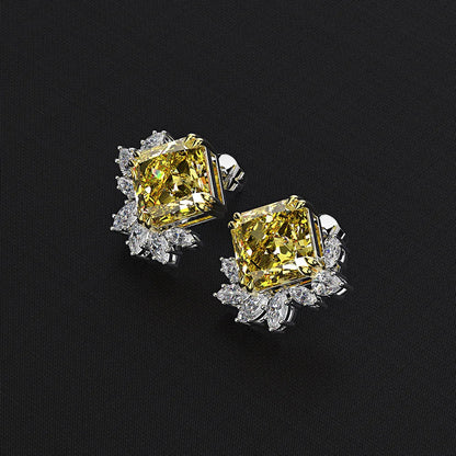 10x10mm 11 Carats Square Yellow 5A Zircon Flower Stud earrings for women S925 Sterling Silver Wedding party Bride jewelry