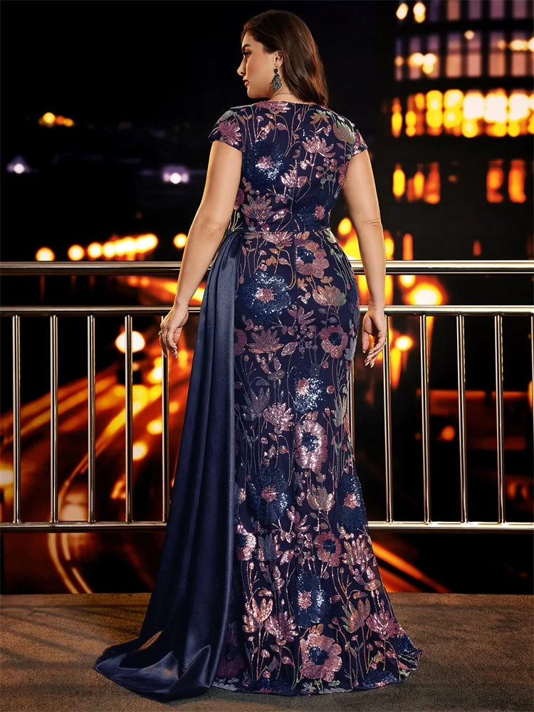 Plus Size Elegant V-Neck Patchwork Ribbon Sequins Evening Dress Woman Formal Mermaid Wedding Party Guest Gowns