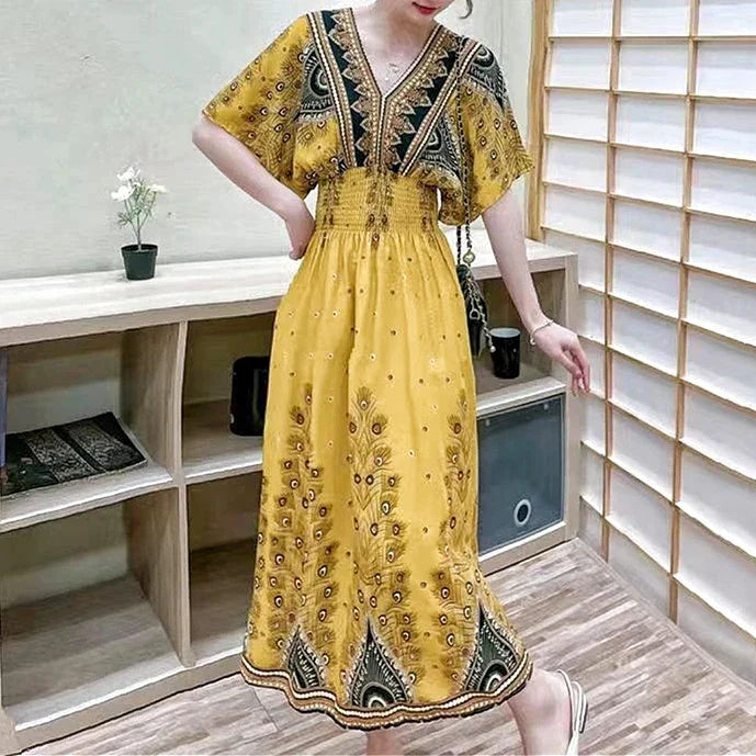 Flower V-neck Elastic Youthful Bohemian Sweet Midi Dress Woman Clothes Chic Fashion Summer Dresses 2025 Large Swing Ski