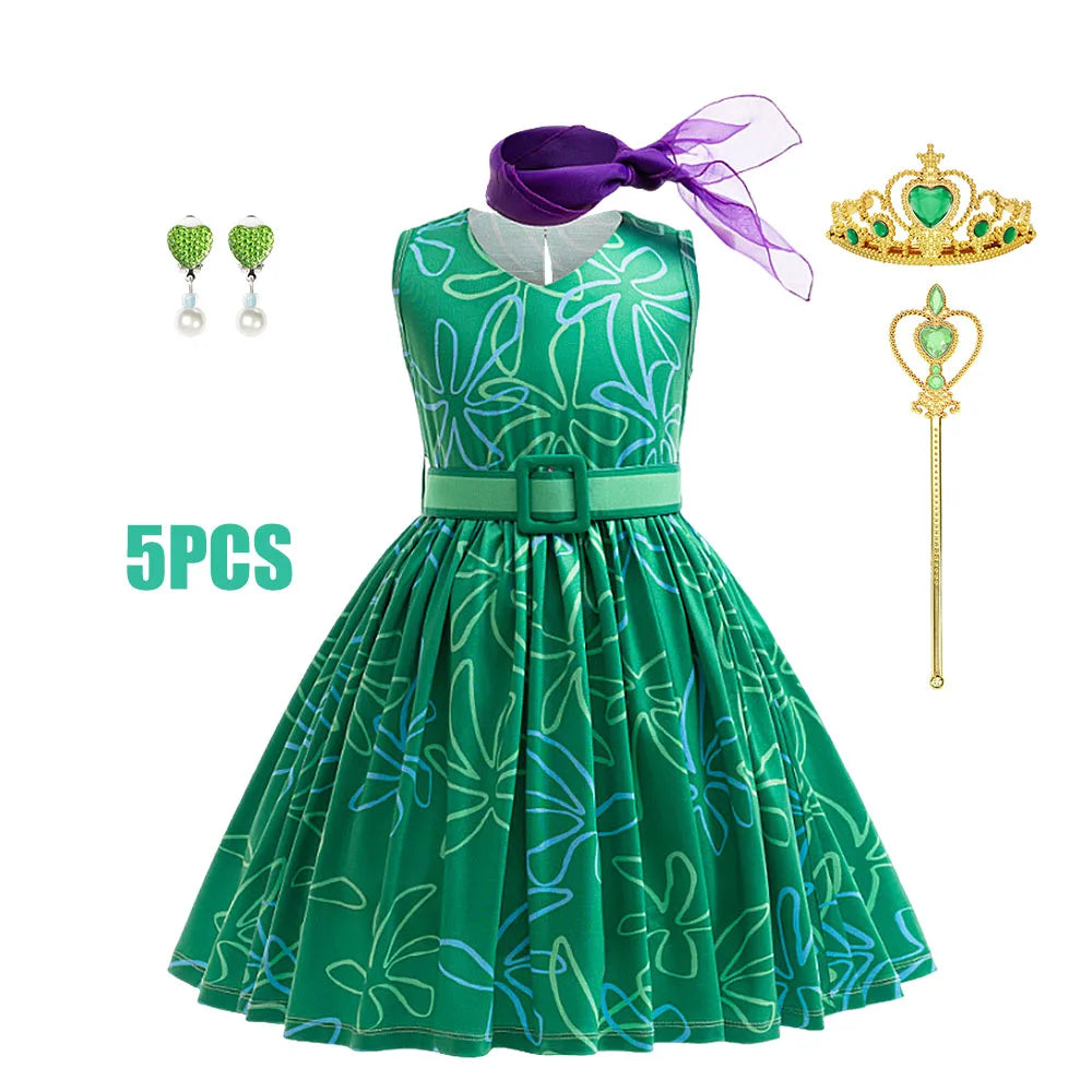 3PCS Full Printing Green Dress for Kids Girl Cosplay Dress+Scarf +Belt Disgust Costume Halloween Disguise Party Joy Clothing