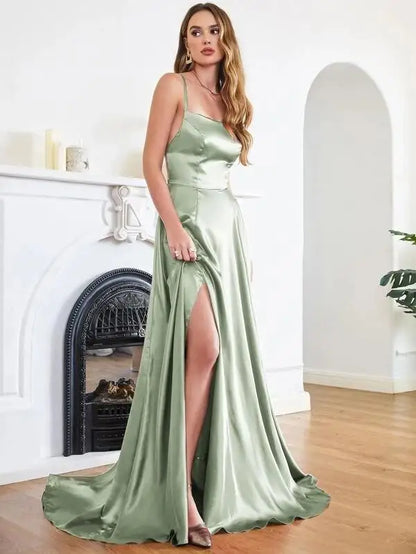 Women Sexy Prom Dresses Lace-Up Spaghetti Straps Backless Sling Evening Dress Satin A-Line High Split Maxi Train Party Gowns