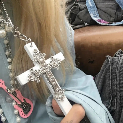 Gothic Big Zircon Cross Necklace Unisex Y2K Irregular Goth Large Cross Pendant Necklaces  for Men Women Couple Necklace Jewelry