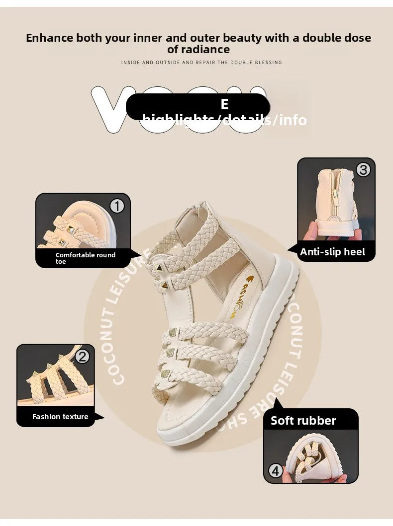 2026 Summer Gladiator Children Sandals Girl Soft Princess Shoes Retro Black Roman Sandal Outdoor Braided Shoe White Kids Shoes