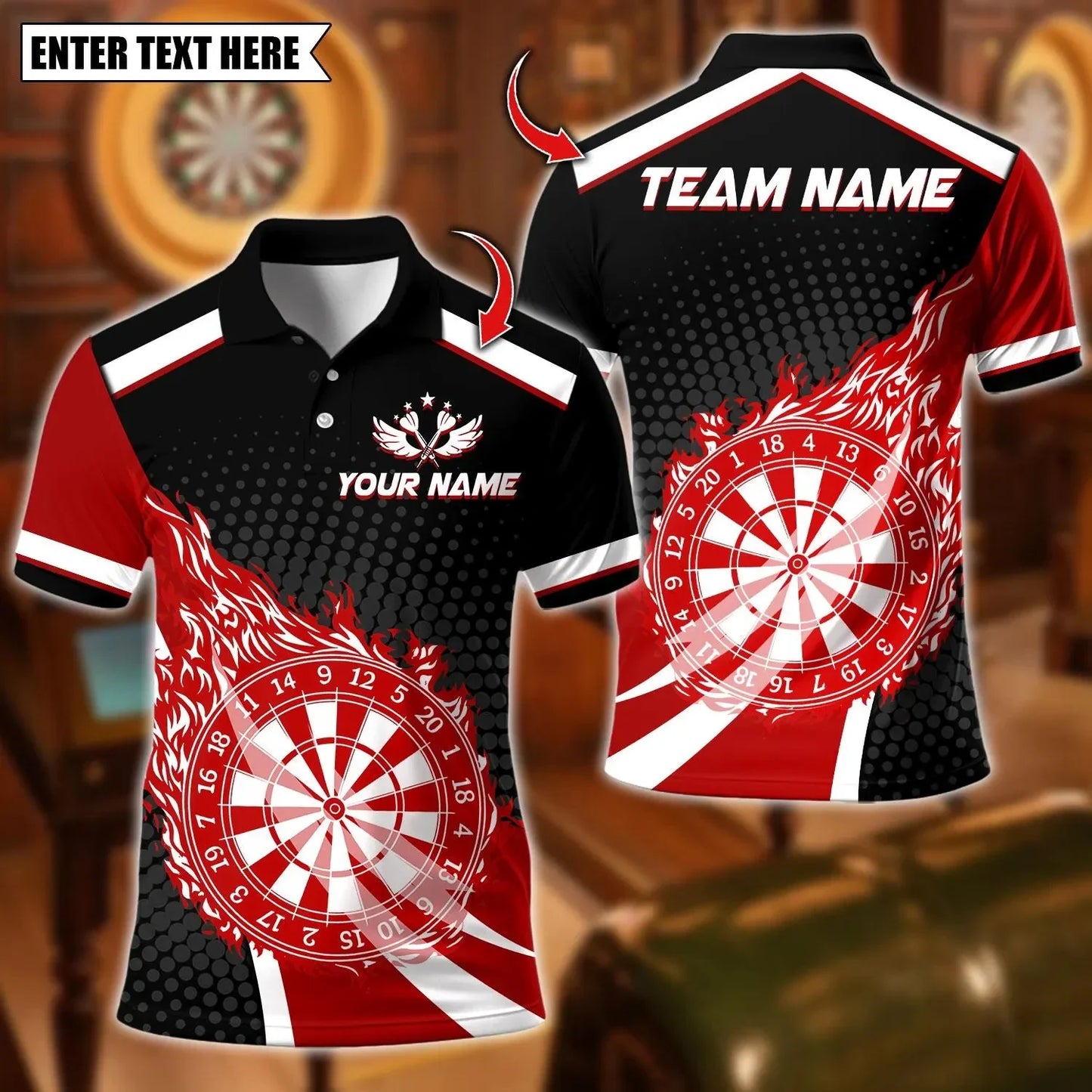 New Custom Name Dart Polo Shirt, Flaming Dartboard Design, Personalized Team Shirt for Men, Gift for Darts Players