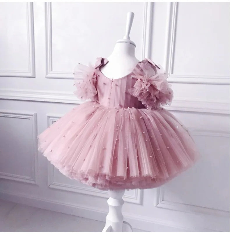 1 to 5 Yrs Kid Summer Baby Girls Ceremonial Dress Children's Pearl Tulle Princess Party Dresses For Wedding Tutu Perform Vestido