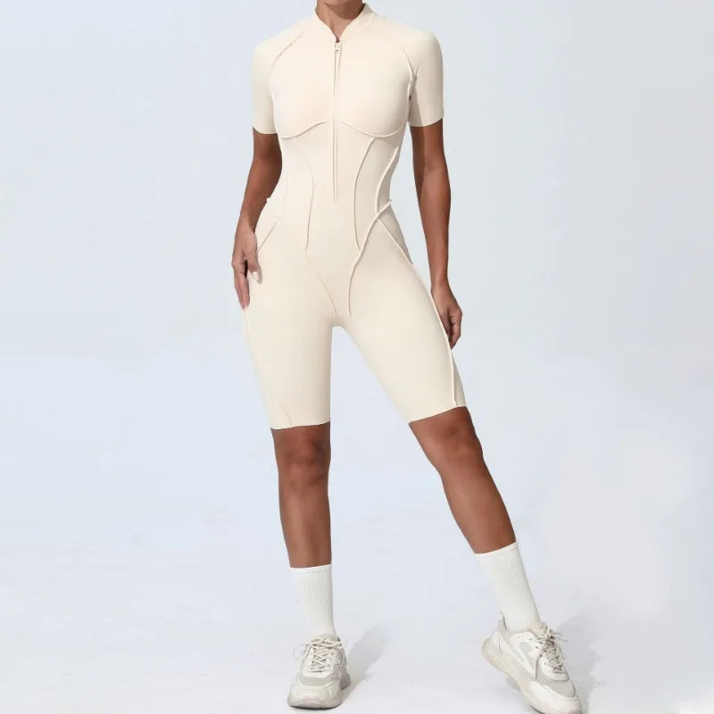 Zipper Short-sleeved Yoga Sports Fitness Jumpsuits Sets Without Chest Pad Tight Bodysuits Shorts Gym Workout Clothes for Women