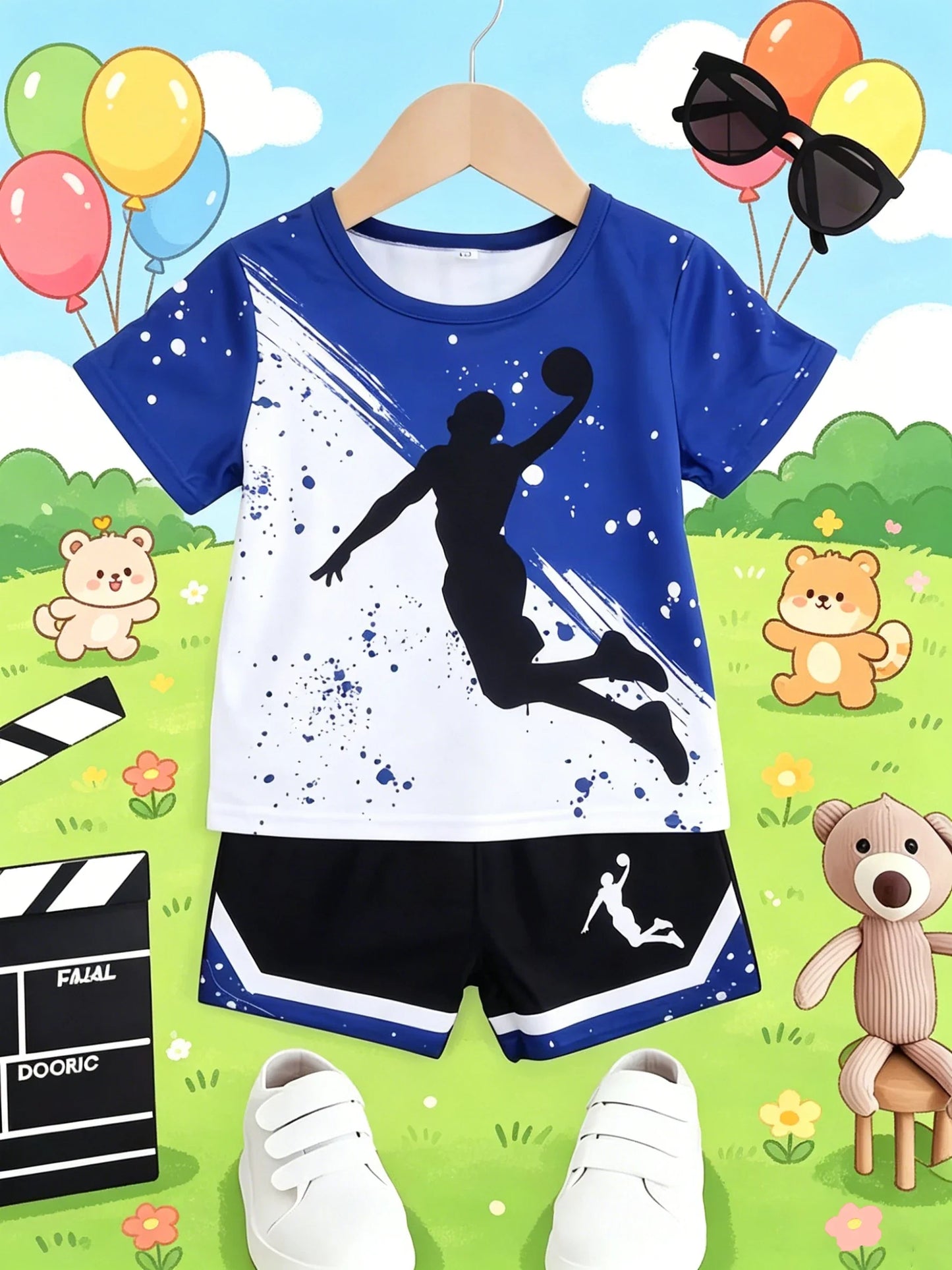 Boys Blue White Color Block Basketball Print Short Sleeve Side Stripe Shorts Set Sport Casual