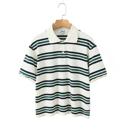 2025 Summer Ladies Polo Shirts Woman Long Sleeve Crop Top Striped Vintage Clothes Polo Shirts Mujer Streetwear Casual Tops Brown