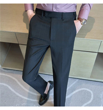 Men's Wool Blend Dress Pants, Elastic Waist Business Trousers, Tapered Slim Fit, Charcoal Gray Black Navy