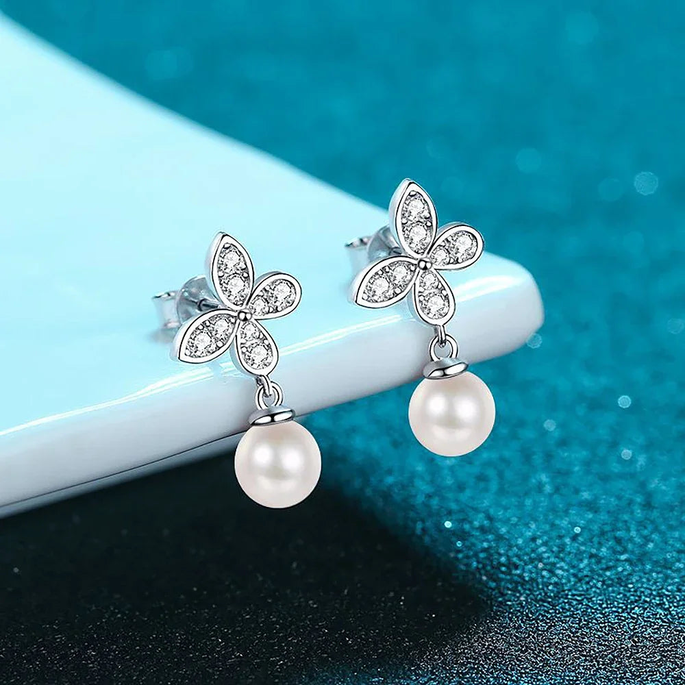 Butterfly Moissanite Diamond Drop Earrings with 8mm Freshwater Pearl 925 Sterling Silver Stud Earring for Women Fine Jewelry