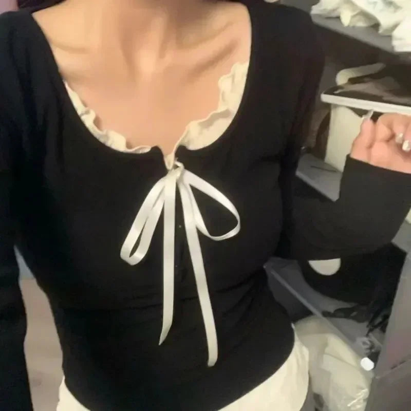 2026 Summer Kawaii Sweet Y2k Crop Tops Woman Casual Slim Long Sleeve Blouse Solid Korean Fashion Bodycon Pullover Office Lady