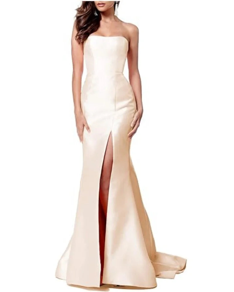 Women's Sleeveless Mermaid High Slit Backless Long Prom Gowns Strapless Floor Length Satin Evening Maxi Dresses