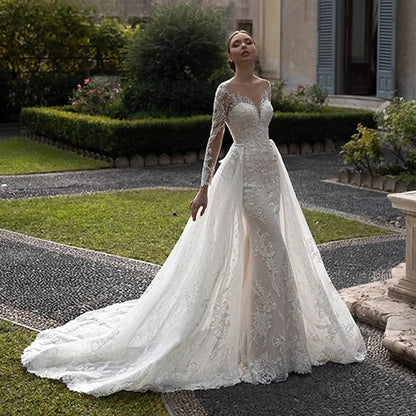 Customized Luxury Mermaid Wedding Dress  O-neck Long Sleeve Tulle Backless Bridal Gown Detachable Trailing Marriage Dress