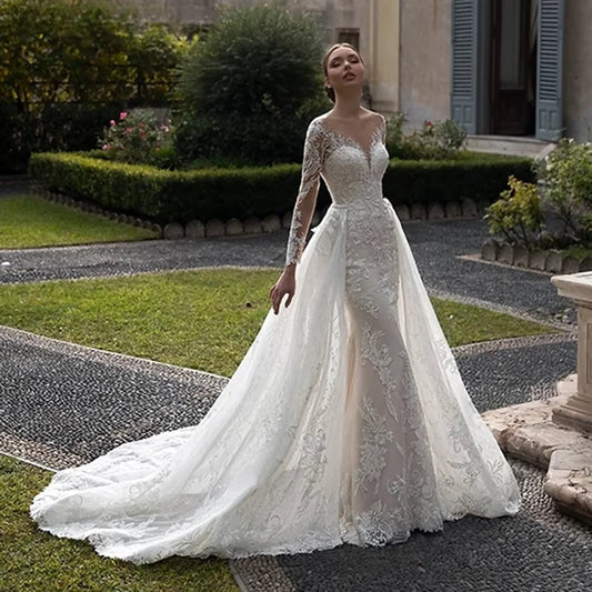 Customized Luxury Mermaid Wedding Dress  O-neck Long Sleeve Tulle Backless Bridal Gown Detachable Trailing Marriage Dress