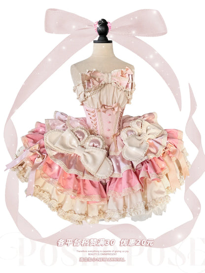 Girls Birthday Lolita Dress 2024 Spring and Summer Women's Tube Top Satin Bowknot Slim Pettiskirt Short Mini Party Dress