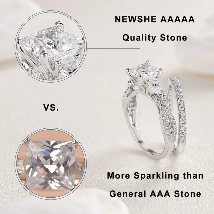 Conjunto de 2 Anéis de Casamento em Prata Esterlina 925 1,7 Ct com Zircônias Cúbicas AAAAA de Corte Princesa e Pera Anéis de Noivado para Mulheres Joias da Moda