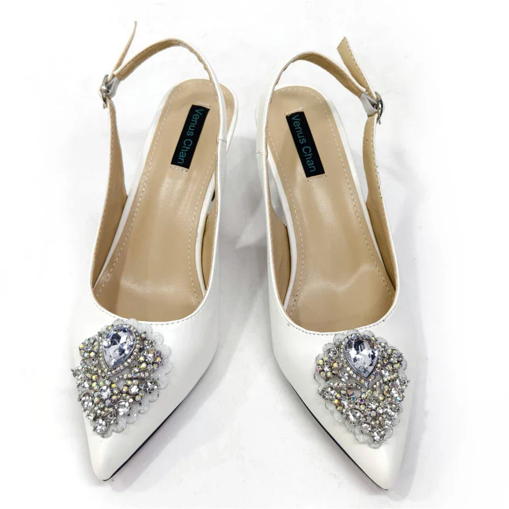 Latest Wedding Pointed Toe Women's Shoes High Heel White Color Rhinestones Party Ladies Shoes And Bag Set
