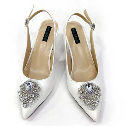 Latest Wedding Pointed Toe Women's Shoes High Heel White Color Rhinestones Party Ladies Shoes And Bag Set