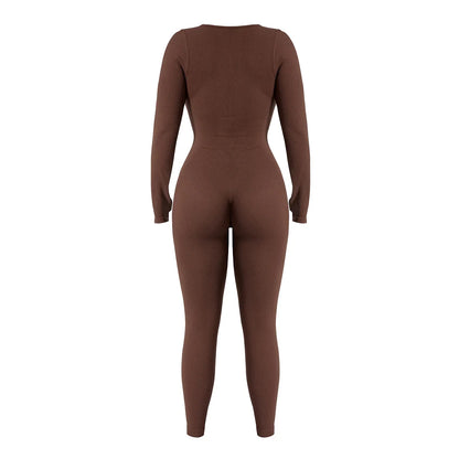 Women's one-piece yoga suit black jumpsuit long sleeved bodysuit sexy and fashionable streetwear casual sports bodysuit
