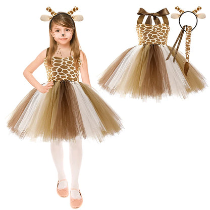 Cute Leopard Tiger Cat Giraffe Tutu Dress For Girls Halloween Animal Cosplay Costume Outfit Kids Christmas Carnival Party Dress