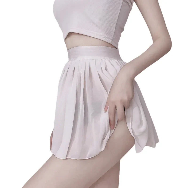 A-Line Pleated Mini Skirt Sheer Sexy Elastic High Waist Black White Solid Lace thin Short Skirts for Woman Spring Summer
